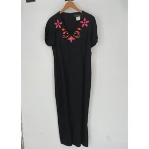 NWT Harve Benard Women Dress 4 Maxi Black 100% Linen Embroidered Floral‎ V-Neck